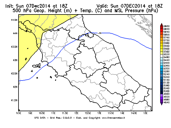 Mappa di analisi GFS - Geopotenziale [m] + Temp. [°C] a 500 hPa + Press. a livello del mare [hPa] in Centro-Italia
									del 07/12/2014 18 <!--googleoff: index-->UTC<!--googleon: index-->