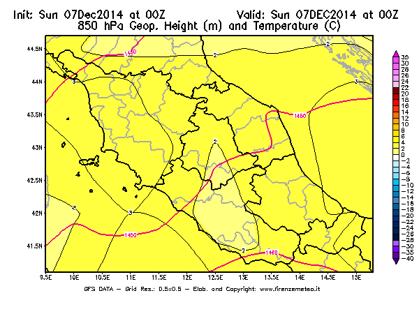 Mappa di analisi GFS - Geopotenziale [m] e Temperatura [°C] a 850 hPa in Centro-Italia
									del 07/12/2014 00 <!--googleoff: index-->UTC<!--googleon: index-->