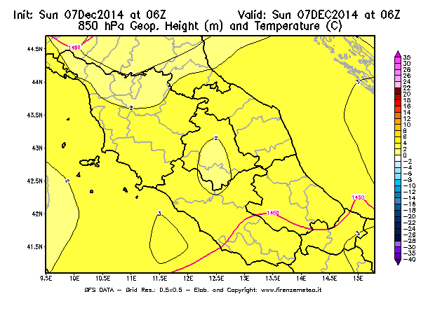 Mappa di analisi GFS - Geopotenziale [m] e Temperatura [°C] a 850 hPa in Centro-Italia
									del 07/12/2014 06 <!--googleoff: index-->UTC<!--googleon: index-->