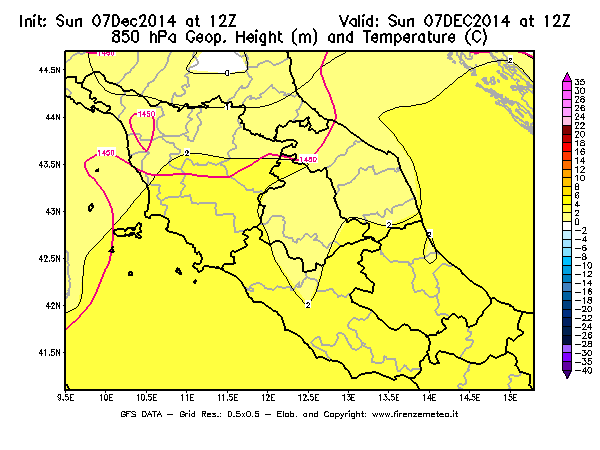 Mappa di analisi GFS - Geopotenziale [m] e Temperatura [°C] a 850 hPa in Centro-Italia
							del 07/12/2014 12 <!--googleoff: index-->UTC<!--googleon: index-->