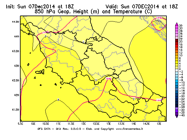 Mappa di analisi GFS - Geopotenziale [m] e Temperatura [°C] a 850 hPa in Centro-Italia
							del 07/12/2014 18 <!--googleoff: index-->UTC<!--googleon: index-->