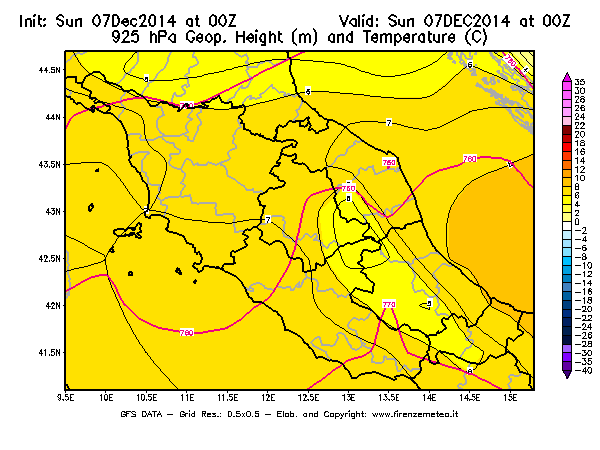 Mappa di analisi GFS - Geopotenziale [m] e Temperatura [°C] a 925 hPa in Centro-Italia
							del 07/12/2014 00 <!--googleoff: index-->UTC<!--googleon: index-->