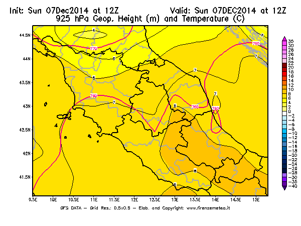 Mappa di analisi GFS - Geopotenziale [m] e Temperatura [°C] a 925 hPa in Centro-Italia
									del 07/12/2014 12 <!--googleoff: index-->UTC<!--googleon: index-->