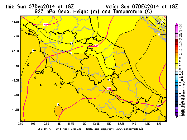 Mappa di analisi GFS - Geopotenziale [m] e Temperatura [°C] a 925 hPa in Centro-Italia
							del 07/12/2014 18 <!--googleoff: index-->UTC<!--googleon: index-->