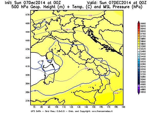 Mappa di analisi GFS - Geopotenziale [m] + Temp. [°C] a 500 hPa + Press. a livello del mare [hPa] in Italia
									del 07/12/2014 00 <!--googleoff: index-->UTC<!--googleon: index-->