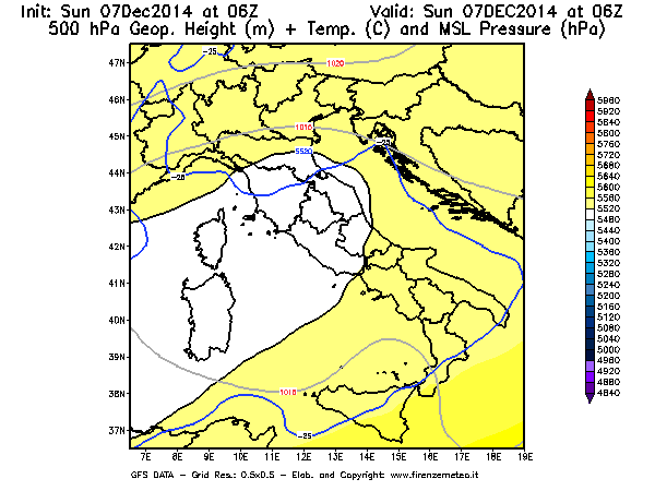 Mappa di analisi GFS - Geopotenziale [m] + Temp. [°C] a 500 hPa + Press. a livello del mare [hPa] in Italia
							del 07/12/2014 06 <!--googleoff: index-->UTC<!--googleon: index-->