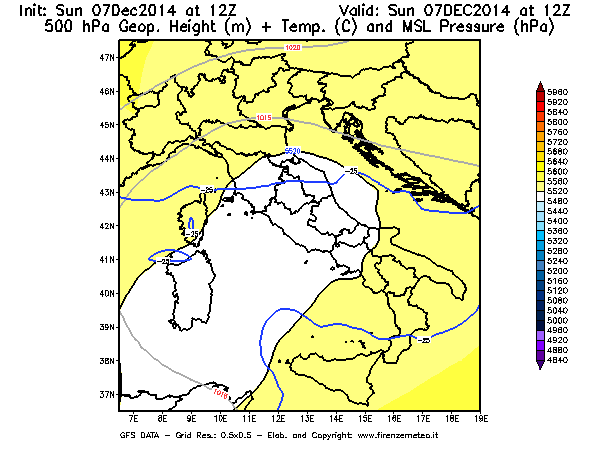 Mappa di analisi GFS - Geopotenziale [m] + Temp. [°C] a 500 hPa + Press. a livello del mare [hPa] in Italia
							del 07/12/2014 12 <!--googleoff: index-->UTC<!--googleon: index-->