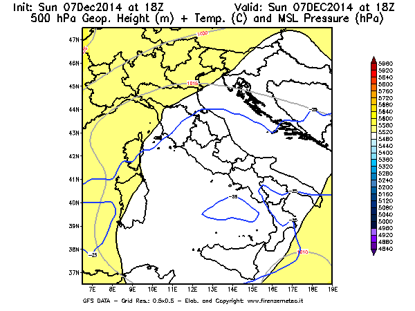 Mappa di analisi GFS - Geopotenziale [m] + Temp. [°C] a 500 hPa + Press. a livello del mare [hPa] in Italia
									del 07/12/2014 18 <!--googleoff: index-->UTC<!--googleon: index-->