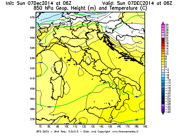 Mappa di analisi GFS - Geopotenziale [m] e Temperatura [°C] a 850 hPa in Italia
							del 07/12/2014 06 <!--googleoff: index-->UTC<!--googleon: index-->