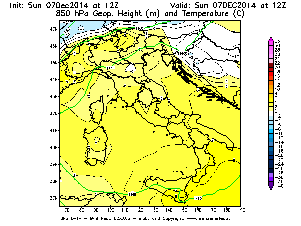 Mappa di analisi GFS - Geopotenziale [m] e Temperatura [°C] a 850 hPa in Italia
							del 07/12/2014 12 <!--googleoff: index-->UTC<!--googleon: index-->