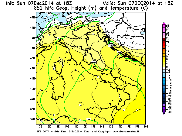 Mappa di analisi GFS - Geopotenziale [m] e Temperatura [°C] a 850 hPa in Italia
									del 07/12/2014 18 <!--googleoff: index-->UTC<!--googleon: index-->