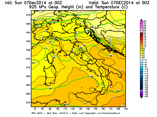 Mappa di analisi GFS - Geopotenziale [m] e Temperatura [°C] a 925 hPa in Italia
									del 07/12/2014 00 <!--googleoff: index-->UTC<!--googleon: index-->