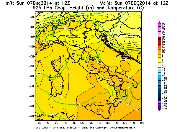 Mappa di analisi GFS - Geopotenziale [m] e Temperatura [°C] a 925 hPa in Italia
							del 07/12/2014 12 <!--googleoff: index-->UTC<!--googleon: index-->