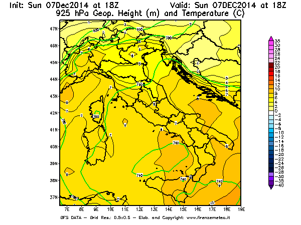 Mappa di analisi GFS - Geopotenziale [m] e Temperatura [°C] a 925 hPa in Italia
							del 07/12/2014 18 <!--googleoff: index-->UTC<!--googleon: index-->