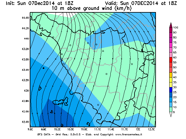 Mappa di analisi GFS - Velocità del vento a 10 metri dal suolo [km/h] in Toscana
									del 07/12/2014 18 <!--googleoff: index-->UTC<!--googleon: index-->