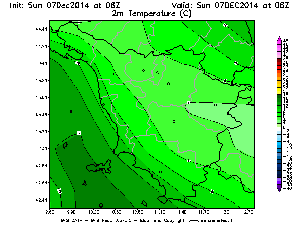 Mappa di analisi GFS - Temperatura a 2 metri dal suolo [°C] in Toscana
									del 07/12/2014 06 <!--googleoff: index-->UTC<!--googleon: index-->