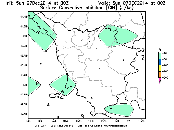 Mappa di analisi GFS - CIN [J/kg] in Toscana
									del 07/12/2014 00 <!--googleoff: index-->UTC<!--googleon: index-->