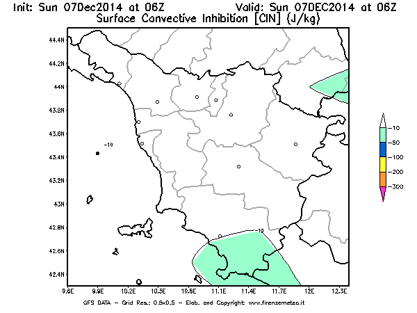 Mappa di analisi GFS - CIN [J/kg] in Toscana
							del 07/12/2014 06 <!--googleoff: index-->UTC<!--googleon: index-->