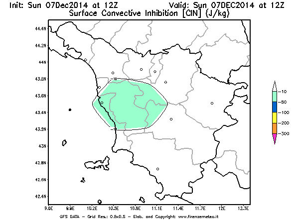 Mappa di analisi GFS - CIN [J/kg] in Toscana
							del 07/12/2014 12 <!--googleoff: index-->UTC<!--googleon: index-->