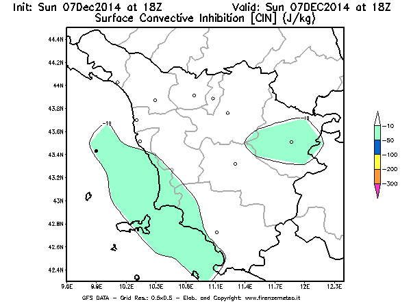 Mappa di analisi GFS - CIN [J/kg] in Toscana
							del 07/12/2014 18 <!--googleoff: index-->UTC<!--googleon: index-->