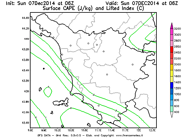Mappa di analisi GFS - CAPE [J/kg] e Lifted Index [°C] in Toscana
							del 07/12/2014 06 <!--googleoff: index-->UTC<!--googleon: index-->