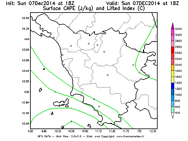 Mappa di analisi GFS - CAPE [J/kg] e Lifted Index [°C] in Toscana
									del 07/12/2014 18 <!--googleoff: index-->UTC<!--googleon: index-->
