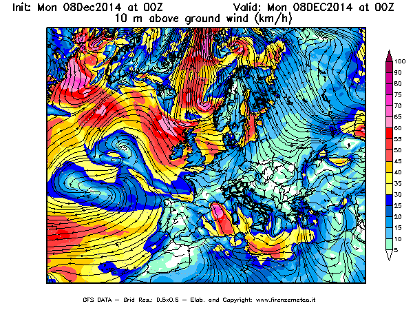 Mappa di analisi GFS - Velocità del vento a 10 metri dal suolo [km/h] in Europa
									del 08/12/2014 00 <!--googleoff: index-->UTC<!--googleon: index-->