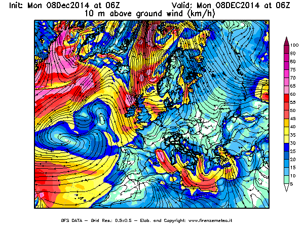 Mappa di analisi GFS - Velocità del vento a 10 metri dal suolo [km/h] in Europa
									del 08/12/2014 06 <!--googleoff: index-->UTC<!--googleon: index-->