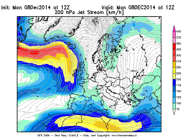 Mappa di analisi GFS - Jet Stream a 200 hPa in Europa
									del 08/12/2014 12 <!--googleoff: index-->UTC<!--googleon: index-->