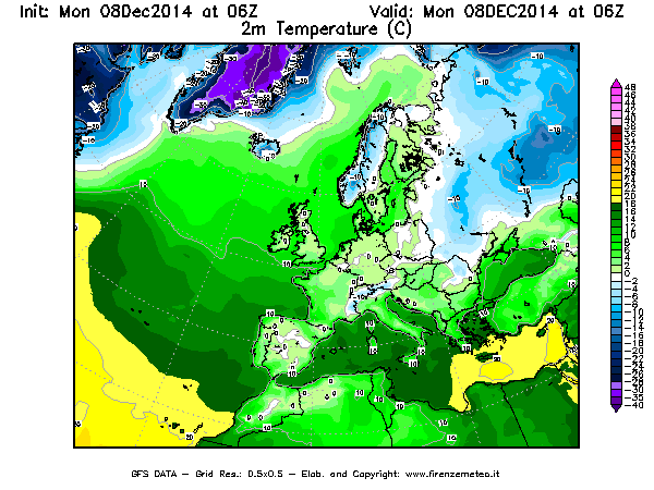 Mappa di analisi GFS - Temperatura a 2 metri dal suolo [°C] in Europa
									del 08/12/2014 06 <!--googleoff: index-->UTC<!--googleon: index-->