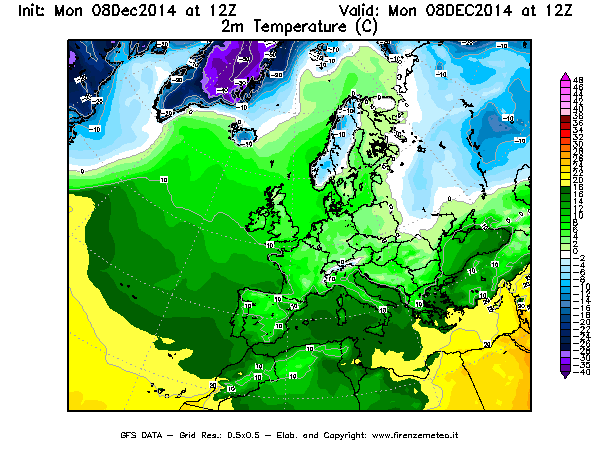 Mappa di analisi GFS - Temperatura a 2 metri dal suolo [°C] in Europa
									del 08/12/2014 12 <!--googleoff: index-->UTC<!--googleon: index-->