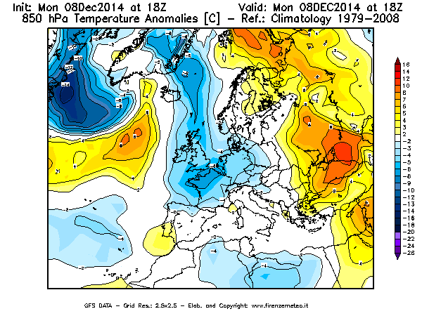 Mappa di analisi GFS - Anomalia Temperatura [°C] a 850 hPa in Europa
									del 08/12/2014 18 <!--googleoff: index-->UTC<!--googleon: index-->
