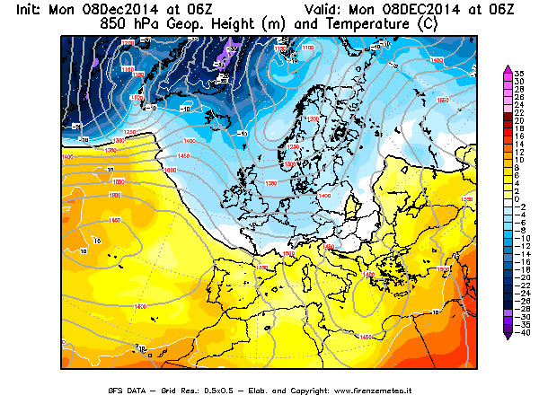 Mappa di analisi GFS - Geopotenziale [m] e Temperatura [°C] a 850 hPa in Europa
									del 08/12/2014 06 <!--googleoff: index-->UTC<!--googleon: index-->