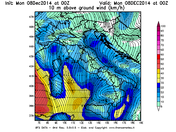 Mappa di analisi GFS - Velocità del vento a 10 metri dal suolo [km/h] in Italia
									del 08/12/2014 00 <!--googleoff: index-->UTC<!--googleon: index-->