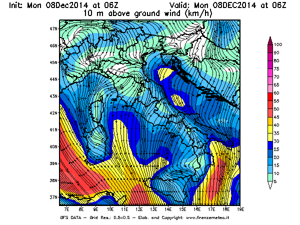 Mappa di analisi GFS - Velocità del vento a 10 metri dal suolo [km/h] in Italia
									del 08/12/2014 06 <!--googleoff: index-->UTC<!--googleon: index-->