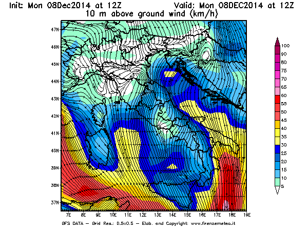Mappa di analisi GFS - Velocità del vento a 10 metri dal suolo [km/h] in Italia
									del 08/12/2014 12 <!--googleoff: index-->UTC<!--googleon: index-->