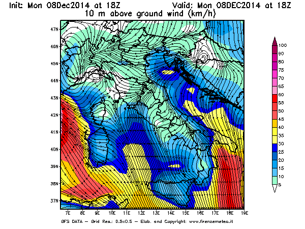 Mappa di analisi GFS - Velocità del vento a 10 metri dal suolo [km/h] in Italia
									del 08/12/2014 18 <!--googleoff: index-->UTC<!--googleon: index-->