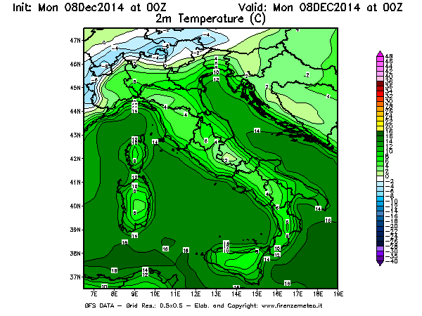 Mappa di analisi GFS - Temperatura a 2 metri dal suolo [°C] in Italia
									del 08/12/2014 00 <!--googleoff: index-->UTC<!--googleon: index-->
