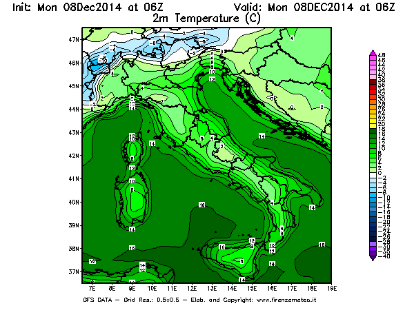Mappa di analisi GFS - Temperatura a 2 metri dal suolo [°C] in Italia
									del 08/12/2014 06 <!--googleoff: index-->UTC<!--googleon: index-->