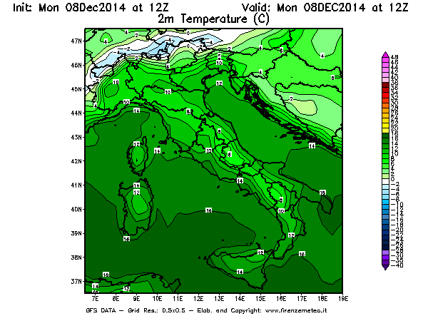 Mappa di analisi GFS - Temperatura a 2 metri dal suolo [°C] in Italia
									del 08/12/2014 12 <!--googleoff: index-->UTC<!--googleon: index-->