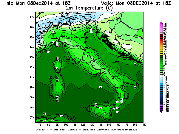 Mappa di analisi GFS - Temperatura a 2 metri dal suolo [°C] in Italia
									del 08/12/2014 18 <!--googleoff: index-->UTC<!--googleon: index-->