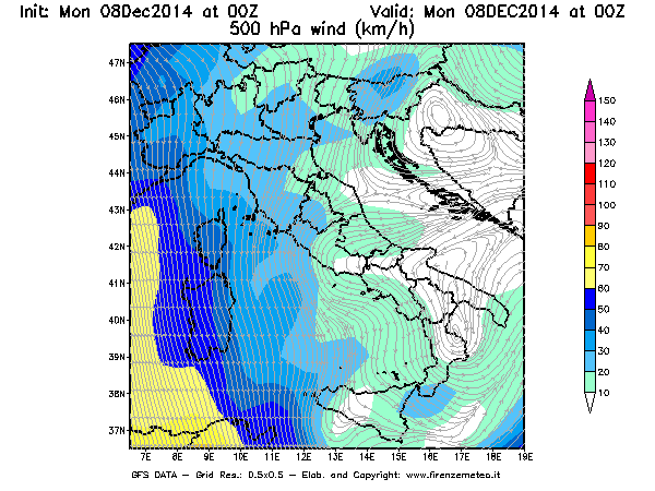 Mappa di analisi GFS - Velocità del vento a 500 hPa [km/h] in Italia
									del 08/12/2014 00 <!--googleoff: index-->UTC<!--googleon: index-->