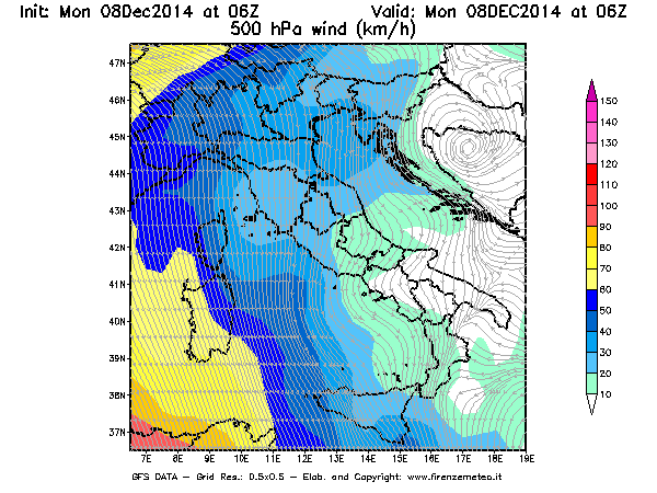 Mappa di analisi GFS - Velocità del vento a 500 hPa [km/h] in Italia
									del 08/12/2014 06 <!--googleoff: index-->UTC<!--googleon: index-->
