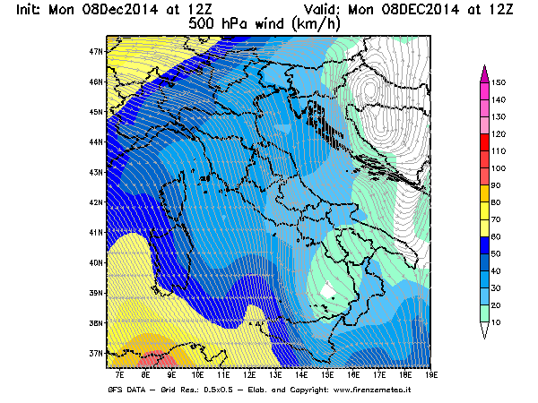 Mappa di analisi GFS - Velocità del vento a 500 hPa [km/h] in Italia
									del 08/12/2014 12 <!--googleoff: index-->UTC<!--googleon: index-->