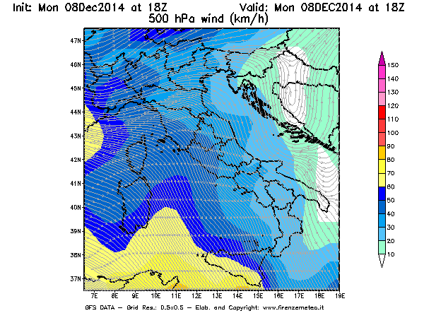 Mappa di analisi GFS - Velocità del vento a 500 hPa [km/h] in Italia
									del 08/12/2014 18 <!--googleoff: index-->UTC<!--googleon: index-->