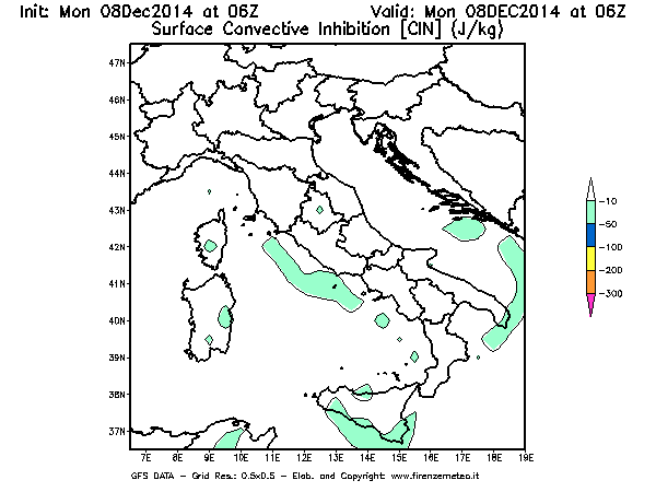 Mappa di analisi GFS - CIN [J/kg] in Italia
									del 08/12/2014 06 <!--googleoff: index-->UTC<!--googleon: index-->