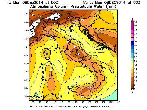 Mappa di analisi GFS - Precipitable Water [mm] in Italia
									del 08/12/2014 00 <!--googleoff: index-->UTC<!--googleon: index-->