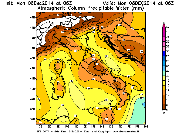 Mappa di analisi GFS - Precipitable Water [mm] in Italia
									del 08/12/2014 06 <!--googleoff: index-->UTC<!--googleon: index-->