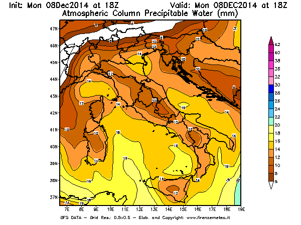 Mappa di analisi GFS - Precipitable Water [mm] in Italia
									del 08/12/2014 18 <!--googleoff: index-->UTC<!--googleon: index-->
