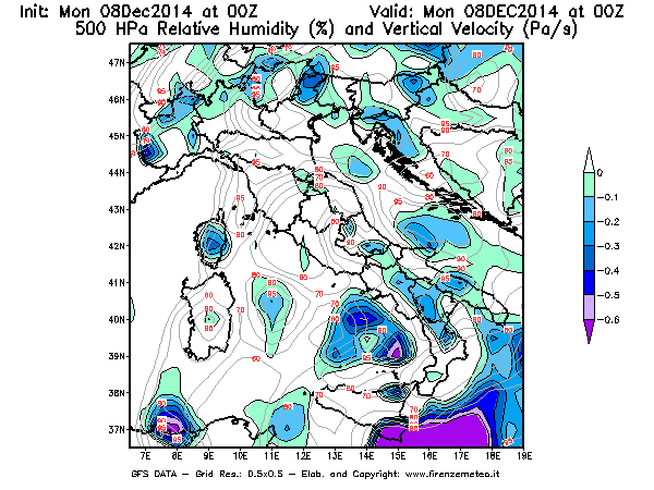 Mappa di analisi GFS - Umidità relativa [%] e Omega [Pa/s] a 500 hPa in Italia
									del 08/12/2014 00 <!--googleoff: index-->UTC<!--googleon: index-->